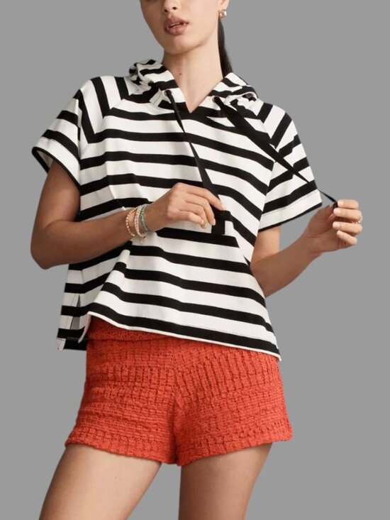 Anthropologie Tops - Anthropologie Maeve Women's Boxy Striped Short Sleeve Hoodie White Black Size XL
